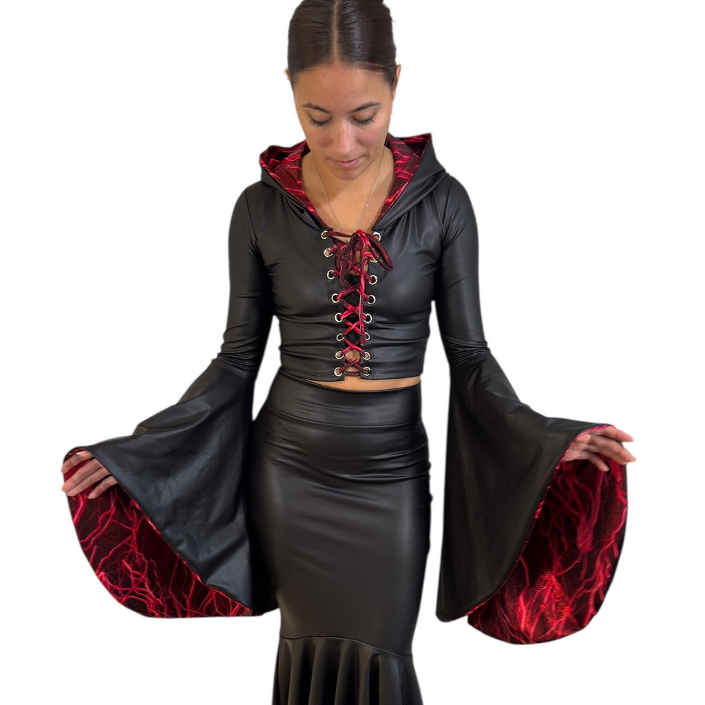 Sorceress Costume TOP Only w/ Lace-Up Front and Bell Sleeves in Black Matte Metallic Lined with UV Glow Red Lightning