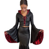 Sorceress Costume w/ Bell Sleeve Lace-Up Hood Top and Long Fit n Flare Skirt in Black Matte Metallic Lined with UV Glow Red Lightning (Copy)