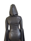Sorceress Costume w/ Bell Sleeve Lace-Up Hood Top and Long Fit n Flare Skirt in Black Matte Metallic Lined with UV Glow Red Lightning (Copy)