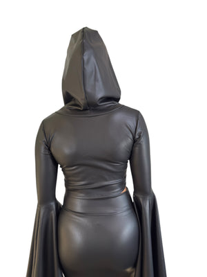 Sorceress Costume w/ Bell Sleeve Lace-Up Hood Top and Long Fit n Flare Skirt in Black Matte Metallic Lined with UV Glow Red Lightning (Copy)