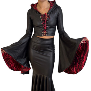 Sorceress Costume TOP Only w/ Lace-Up Front and Bell Sleeves in Black Matte Metallic Lined with UV Glow Red Lightning