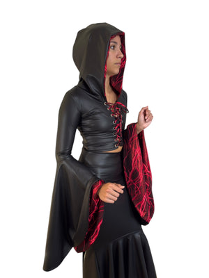 Sorceress Costume TOP Only w/ Lace-Up Front and Bell Sleeves in Black Matte Metallic Lined with UV Glow Red Lightning