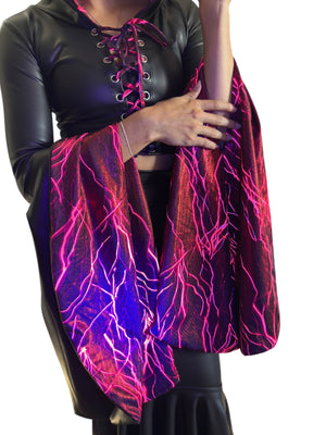 Sorceress Costume w/ Bell Sleeve Lace-Up Hood Top and Long Fit n Flare Skirt in Black Matte Metallic Lined with UV Glow Red Lightning (Copy)