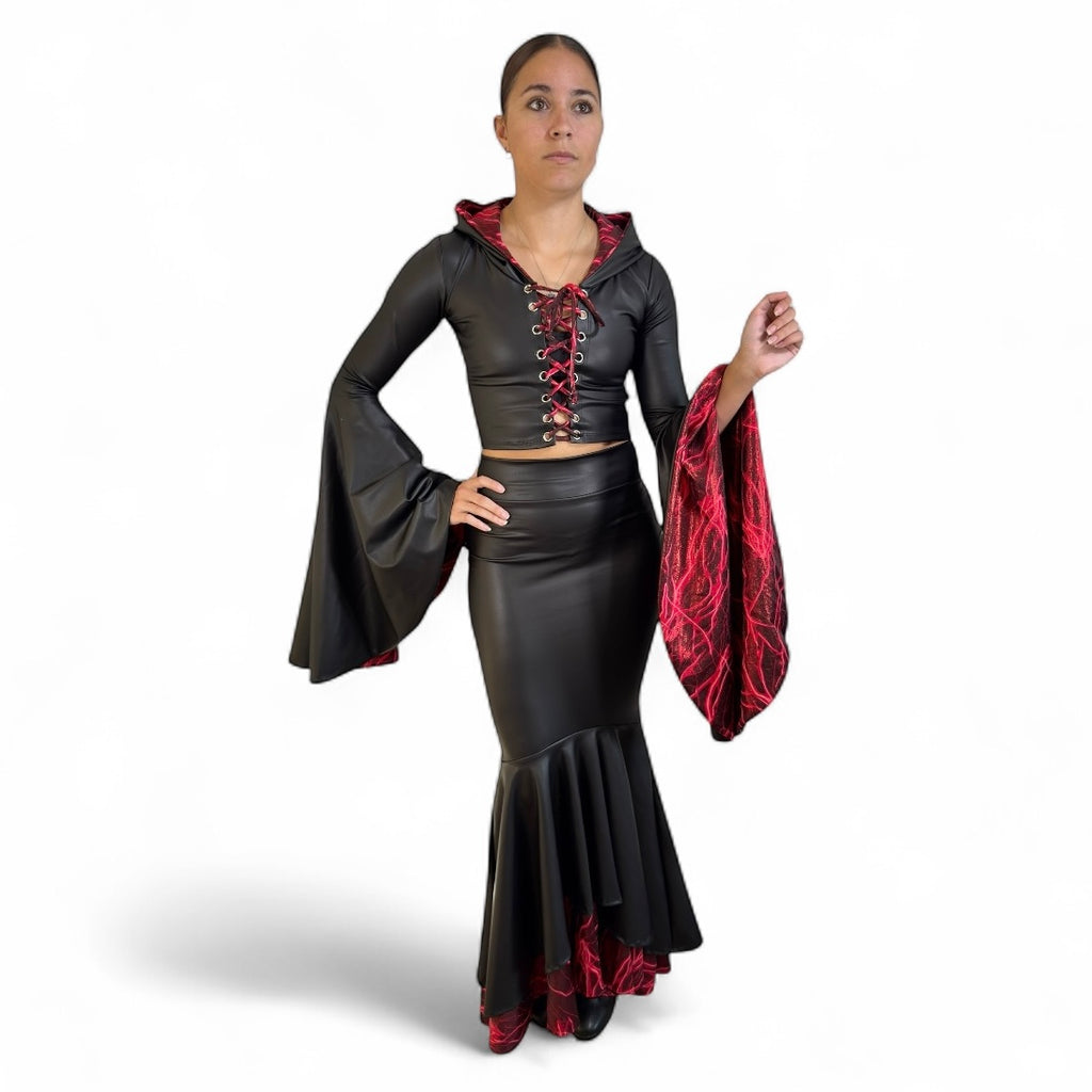 Sorceress Costume w/ Bell Sleeve Lace-Up Hood Top and Long Fit n Flare Skirt in Black Matte Metallic Lined with UV Glow Red Lightning (Copy)