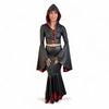 Sorceress Costume w/ Bell Sleeve Lace-Up Hood Top and Long Fit n Flare Skirt in Black Matte Metallic Lined with UV Glow Red Lightning (Copy)