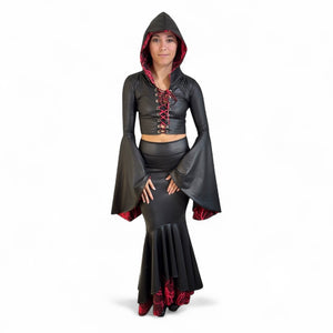 Sorceress Costume w/ Bell Sleeve Lace-Up Hood Top and Long Fit n Flare Skirt in Black Matte Metallic Lined with UV Glow Red Lightning (Copy)