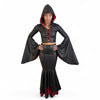 Sorceress Costume w/ Bell Sleeve Lace-Up Hood Top and Long Fit n Flare Skirt in Black Matte Metallic Lined with UV Glow Red Lightning (Copy)