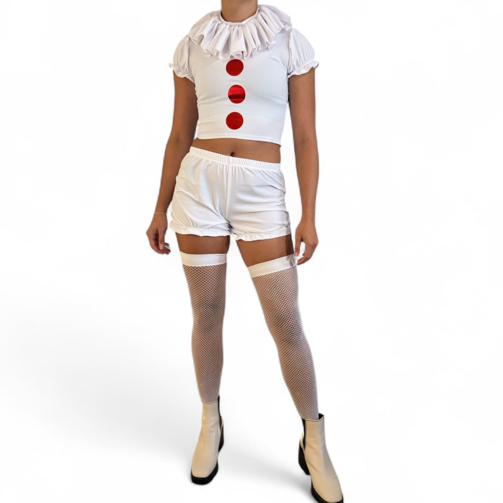 Killer Clown Costume for IT – 3-Piece Set with Crop Top, Bloomers & Ruffle Choker (Thigh-Highs Not Included)