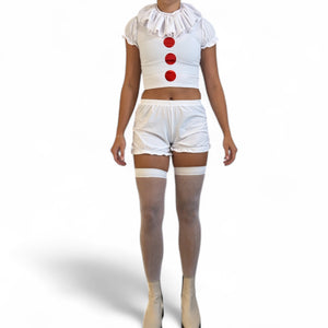 Killer Clown Costume for IT – 3-Piece Set with Crop Top, Bloomers & Ruffle Choker (Thigh-Highs Not Included)