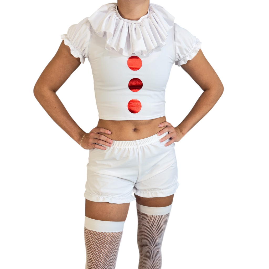 Killer Clown Costume for IT – 3-Piece Set with Crop Top, Bloomers & Ruffle Choker (Thigh-Highs Not Included)