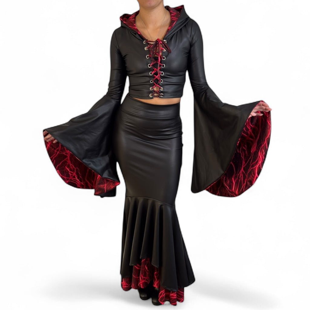 Sorceress Costume w/ Bell Sleeve Lace-Up Hood Top and Long Fit n Flare Skirt in Black Matte Metallic Lined with UV Glow Red Lightning (Copy)