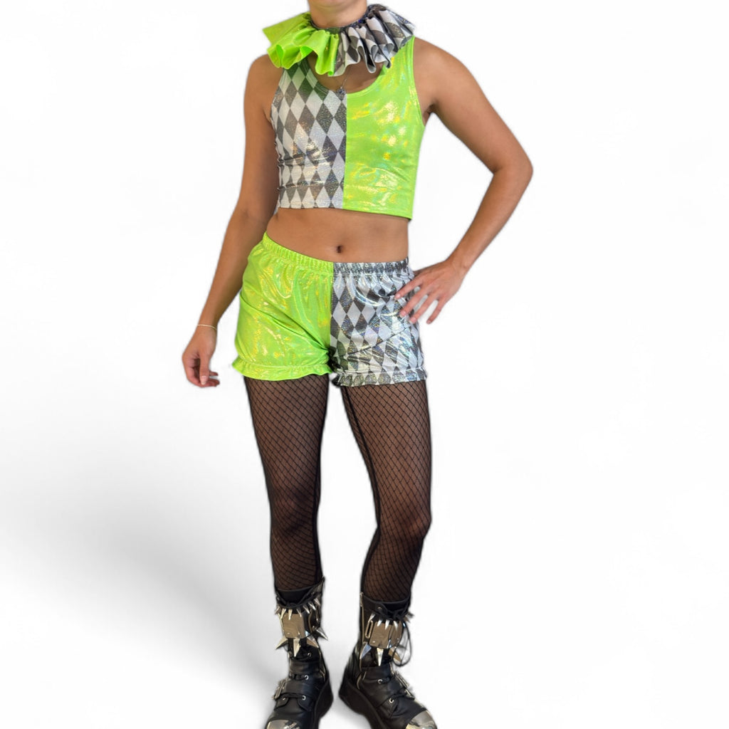 Neon Jester Clown Costume – 3-Piece Set with Crop Top, Bloomers & Ruffle Choker