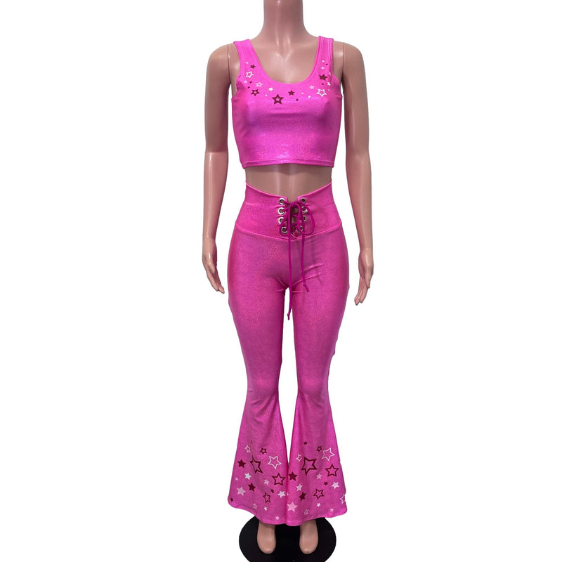 Pink Star Cowgirl Costume Outfit | Flare Pants w/ Crop Top Like Barbie - Peridot Clothing