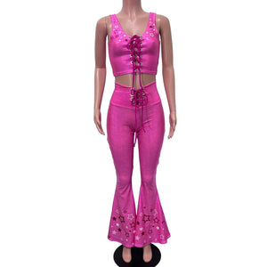 Pink Star Cowgirl Costume Outfit | Flare Pants w/ Crop Top Like Barbie - Peridot Clothing
