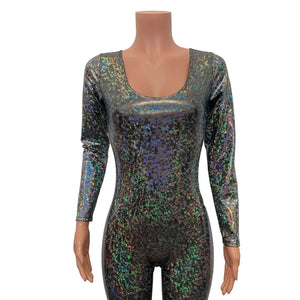 Bell Bottom Catsuit in Silver on Black Shattered Glass Holographic - Peridot Clothing