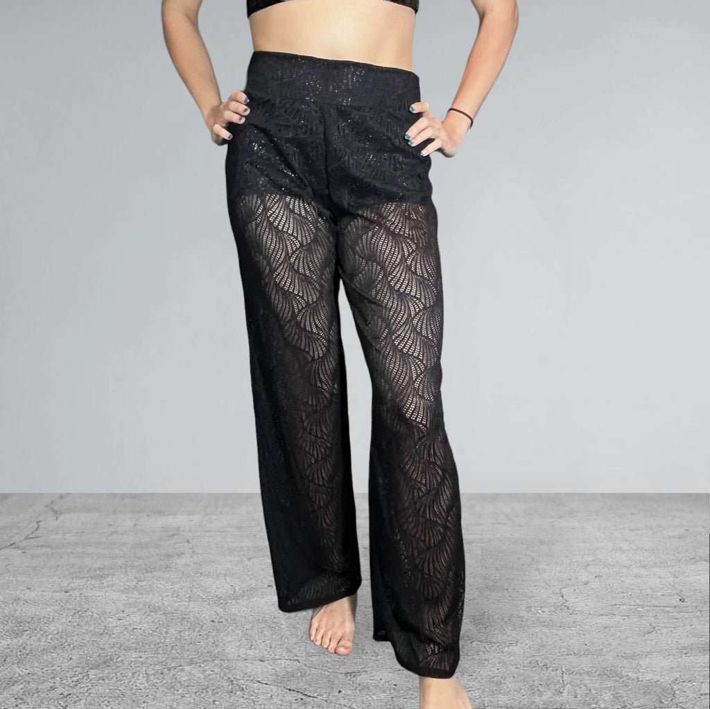 Black Beach Wave Mesh Wide Straight Leg Relaxed Fit Pants - Peridot Clothing