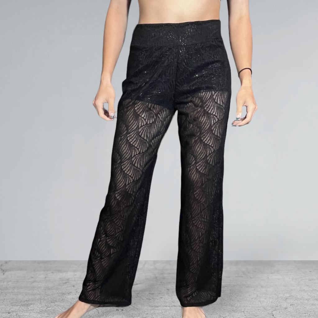 Black Beach Wave Mesh Wide Straight Leg Relaxed Fit Pants - Peridot Clothing