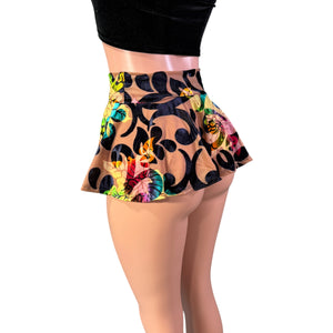 Super Mini 10" Skirt in Burnout Velvet Swirl Floral in Black or Green - Peridot Clothing