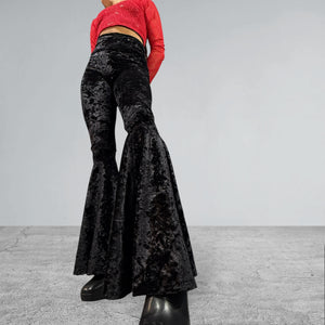 Black Crushed Velvet Bell Bottoms - High Waisted Flare Pants