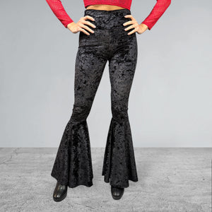 Black Crushed Velvet Bell Bottoms - High Waisted Flare Pants