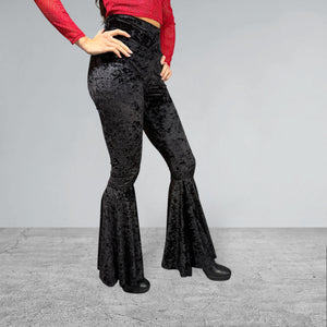 Black Crushed Velvet Bell Bottoms High Waisted Flare Pants
