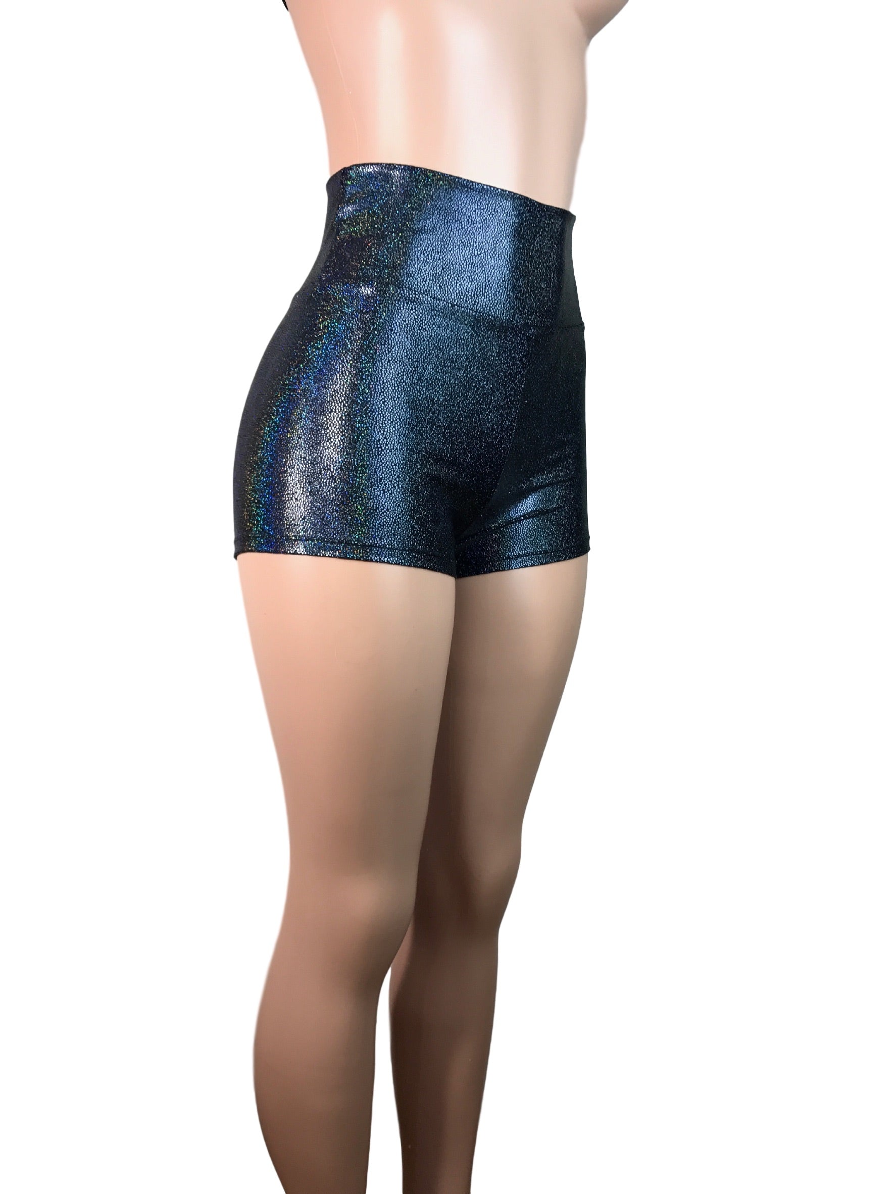 SALE - XS- High Waist Booty Shorts - Black Holographic | Peridot Clothing