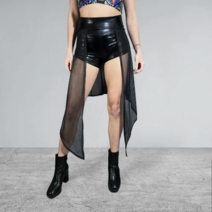Long Cape Skirt - Black Mesh Sheer - Unisex Men/Women Open-Front Skirt - Peridot Clothing