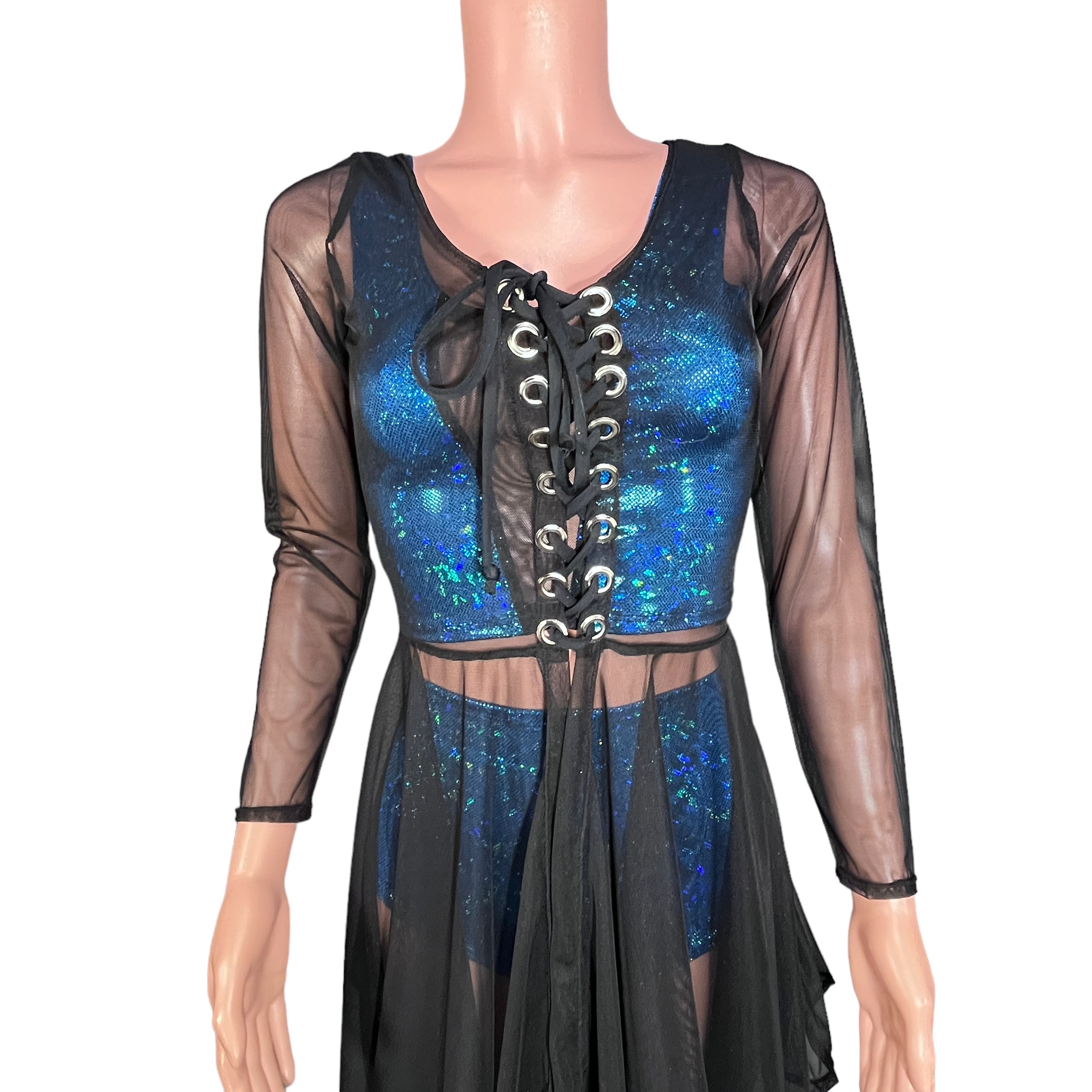 Black Mesh Lace-Up Open-Front Asymmetrical Dress Long Sleeve - Sheer Rave Dress Small (4-6) Black Mesh Lace-Up Open-Front Asymmetrical Dress Long Sleeve - Sheer Rave Dress Small (4-6)