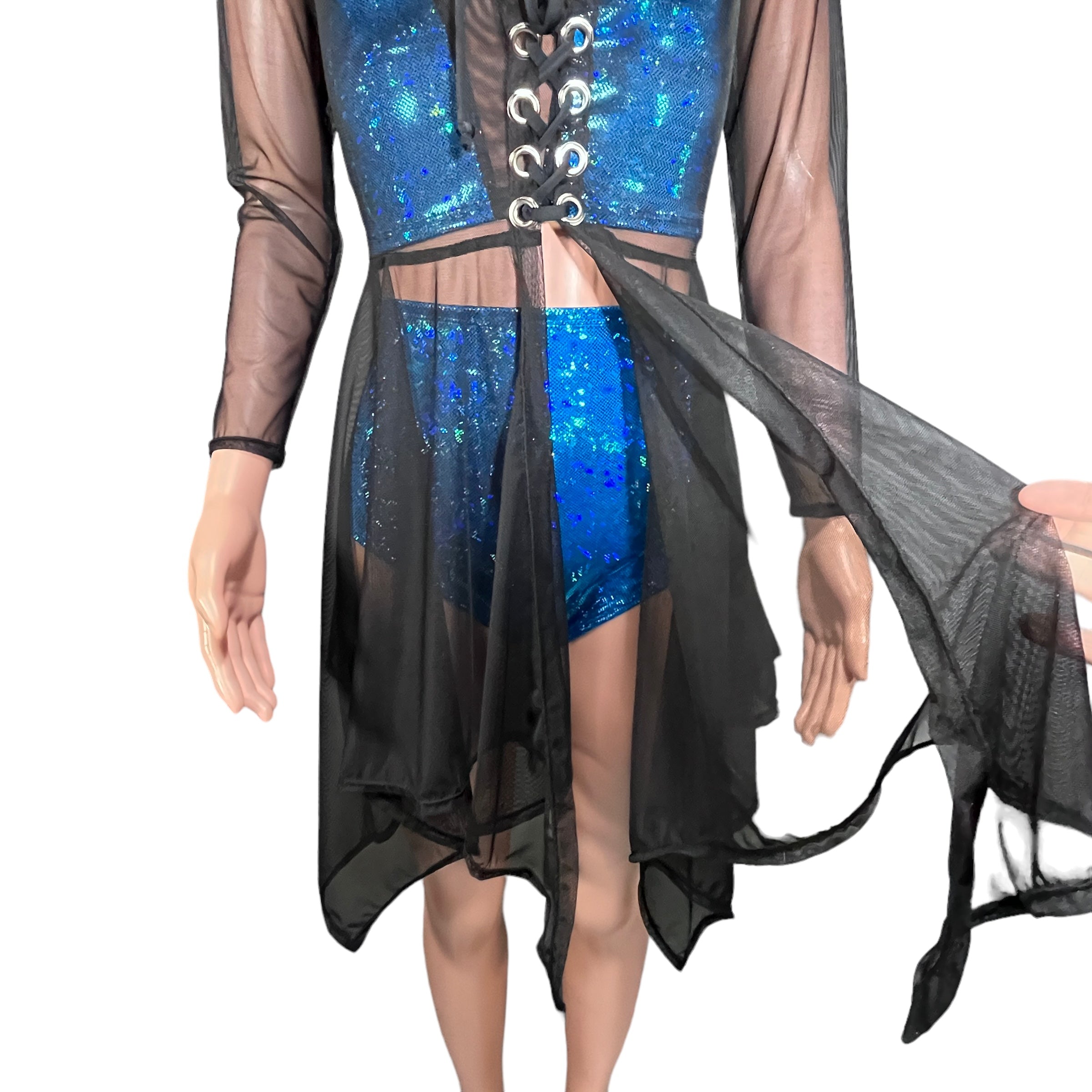 Black Mesh Lace-Up Open-Front Asymmetrical Dress Long Sleeve - Sheer Rave Dress Small (4-6) Black Mesh Lace-Up Open-Front Asymmetrical Dress Long Sleeve - Sheer Rave Dress Small (4-6)