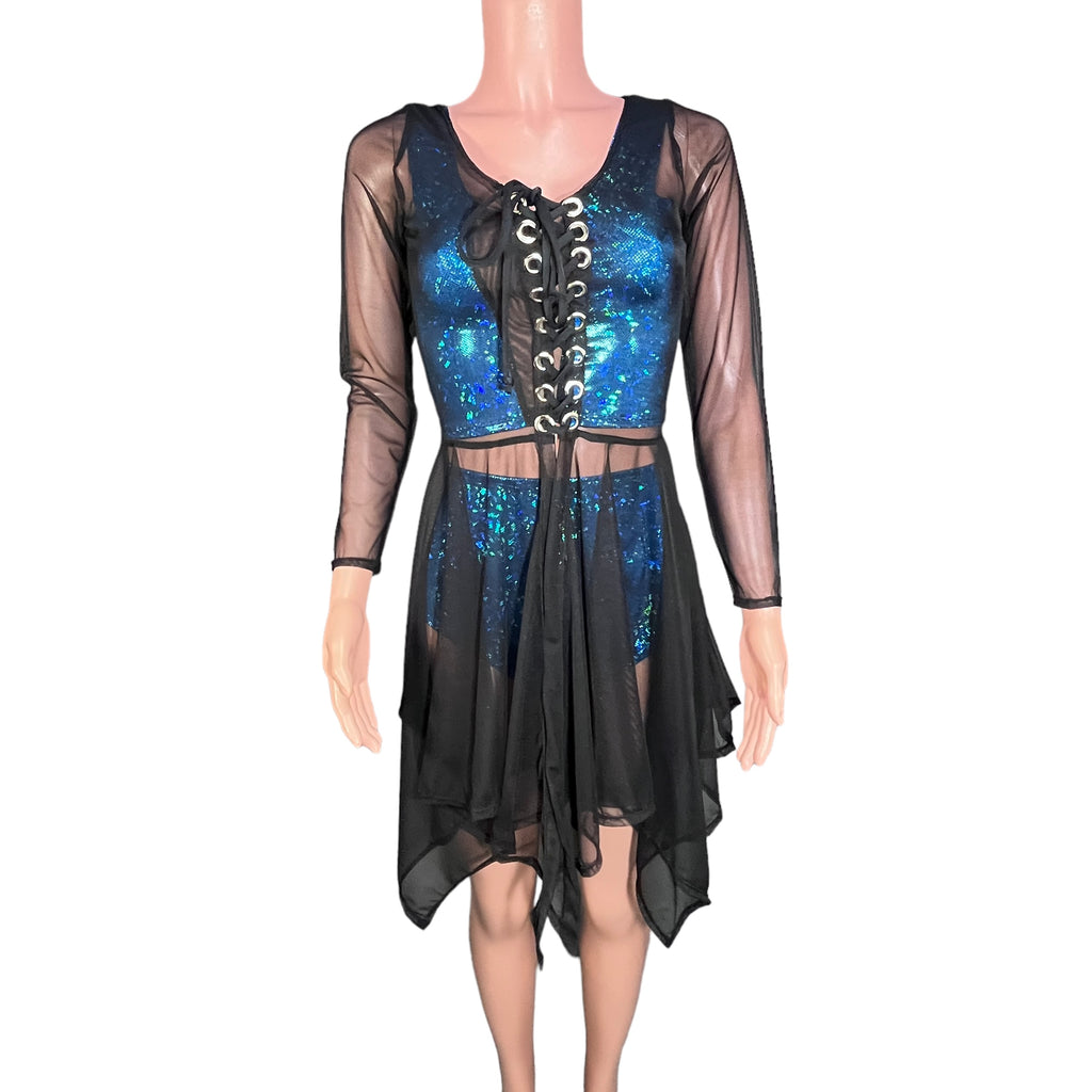 Black Mesh Lace-Up Open-Front Asymmetrical Dress Long Sleeve - Sheer Rave Dress