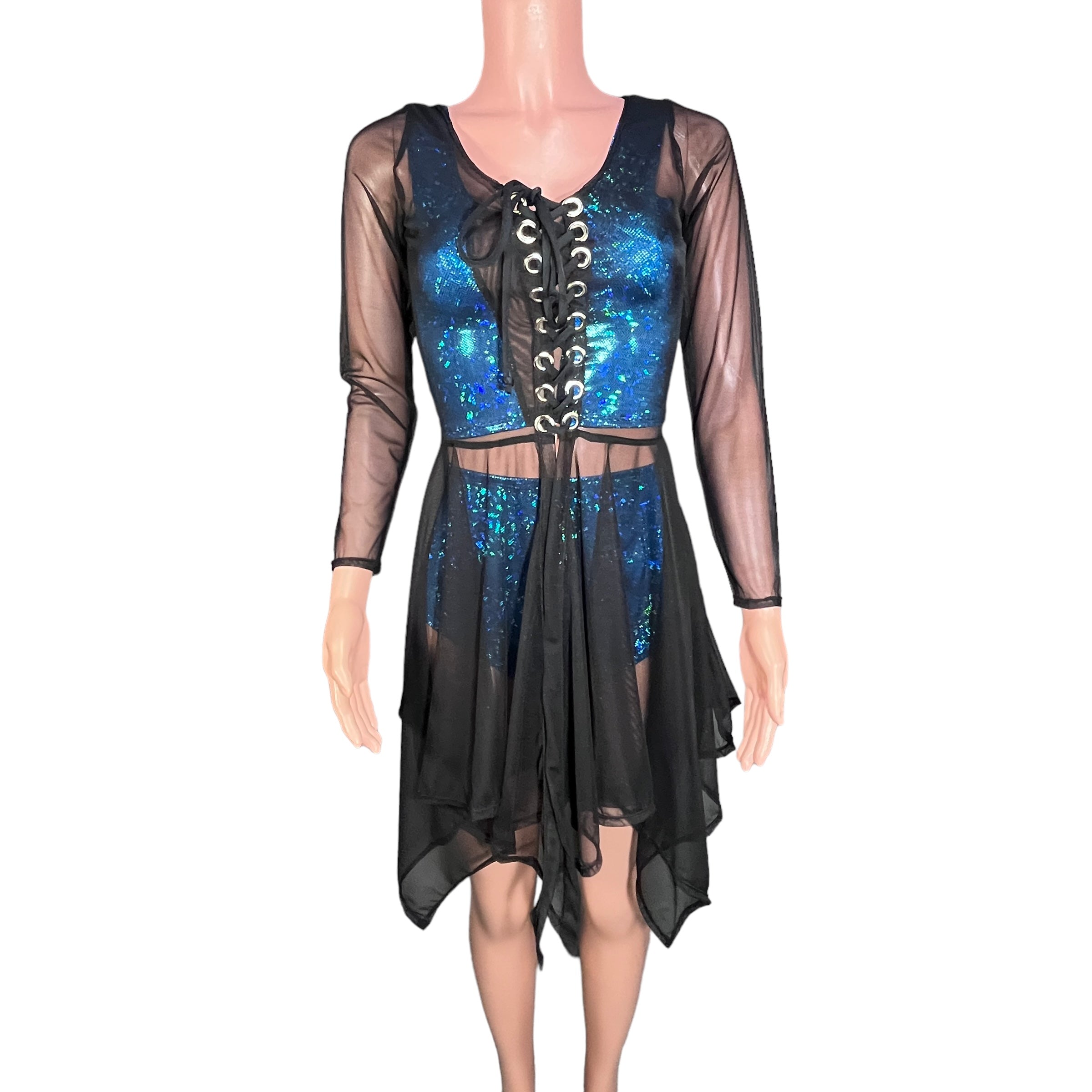Black Mesh Lace-Up Open-Front Asymmetrical Dress Long Sleeve - Sheer Rave Dress Small (4-6) Black Mesh Lace-Up Open-Front Asymmetrical Dress Long Sleeve - Sheer Rave Dress Small (4-6)