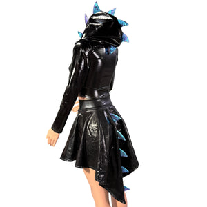 Black Metallic Dragon Spike Hooded Crop Top - Choose Sleeve Length