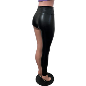 Metallic Black Faux Leather One-Leg Leggings Pants - Peridot Clothing