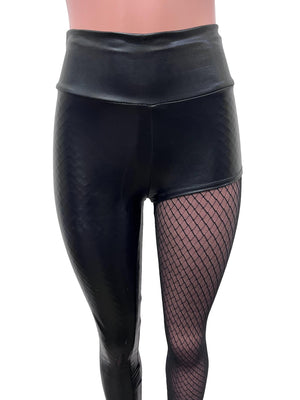 Metallic Black Faux Leather One-Leg Leggings Pants Peridot Clothing