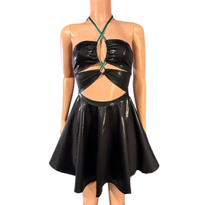 Halter Skater fit n flare X-String Dress in Black Mystique Metallic