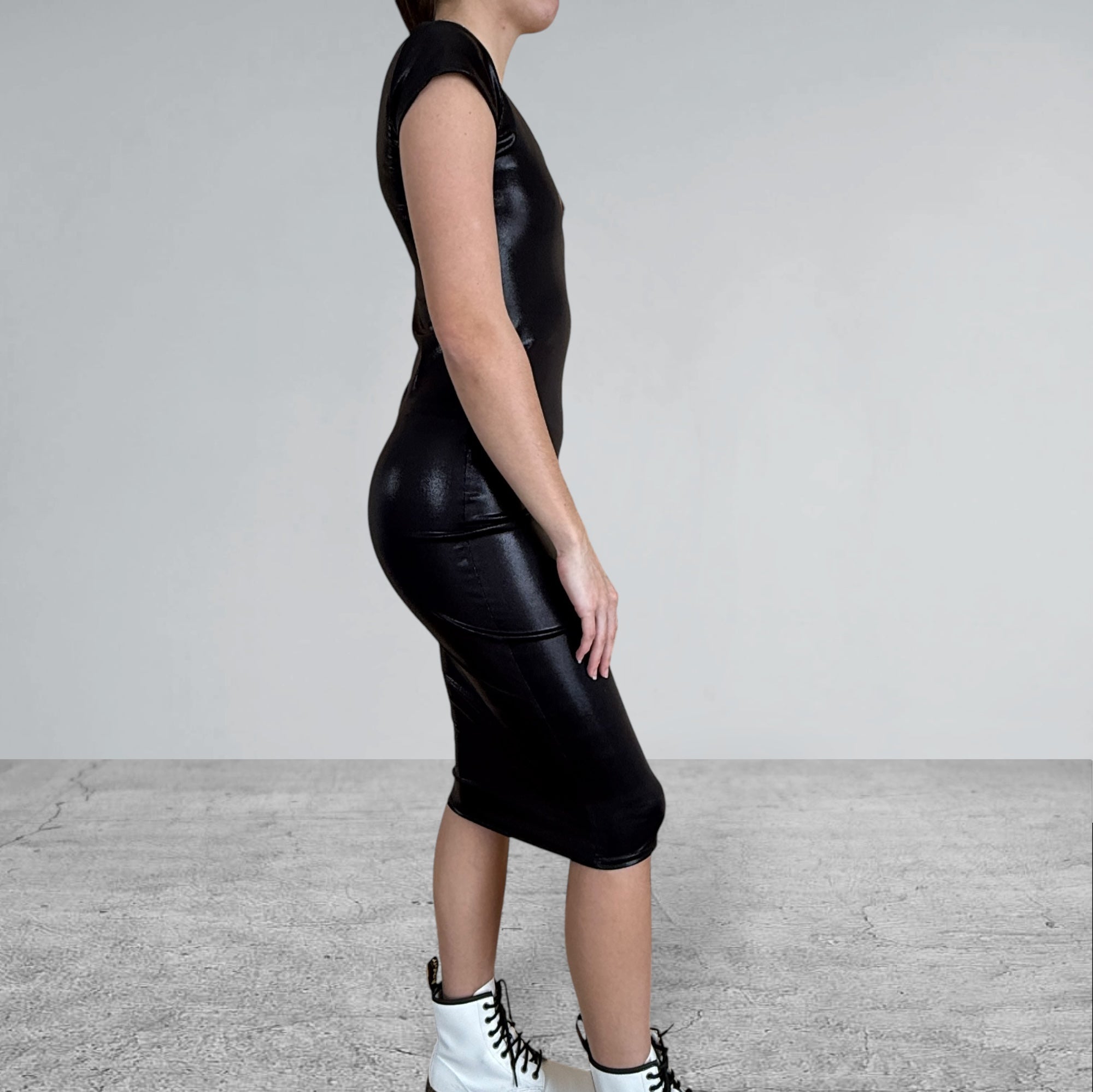 Bodycon Dress Midi w/ Cap Sleeves in Black Metallic Mystique LBD Medium Bodycon Dress Midi w/ Cap Sleeves in Black Metallic Mystique LBD Medium