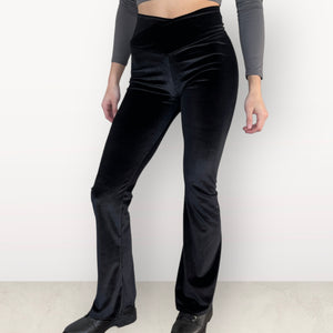 Crossover V-Waist Bootcut Flare Pants - Black Velvet - Peridot Clothing