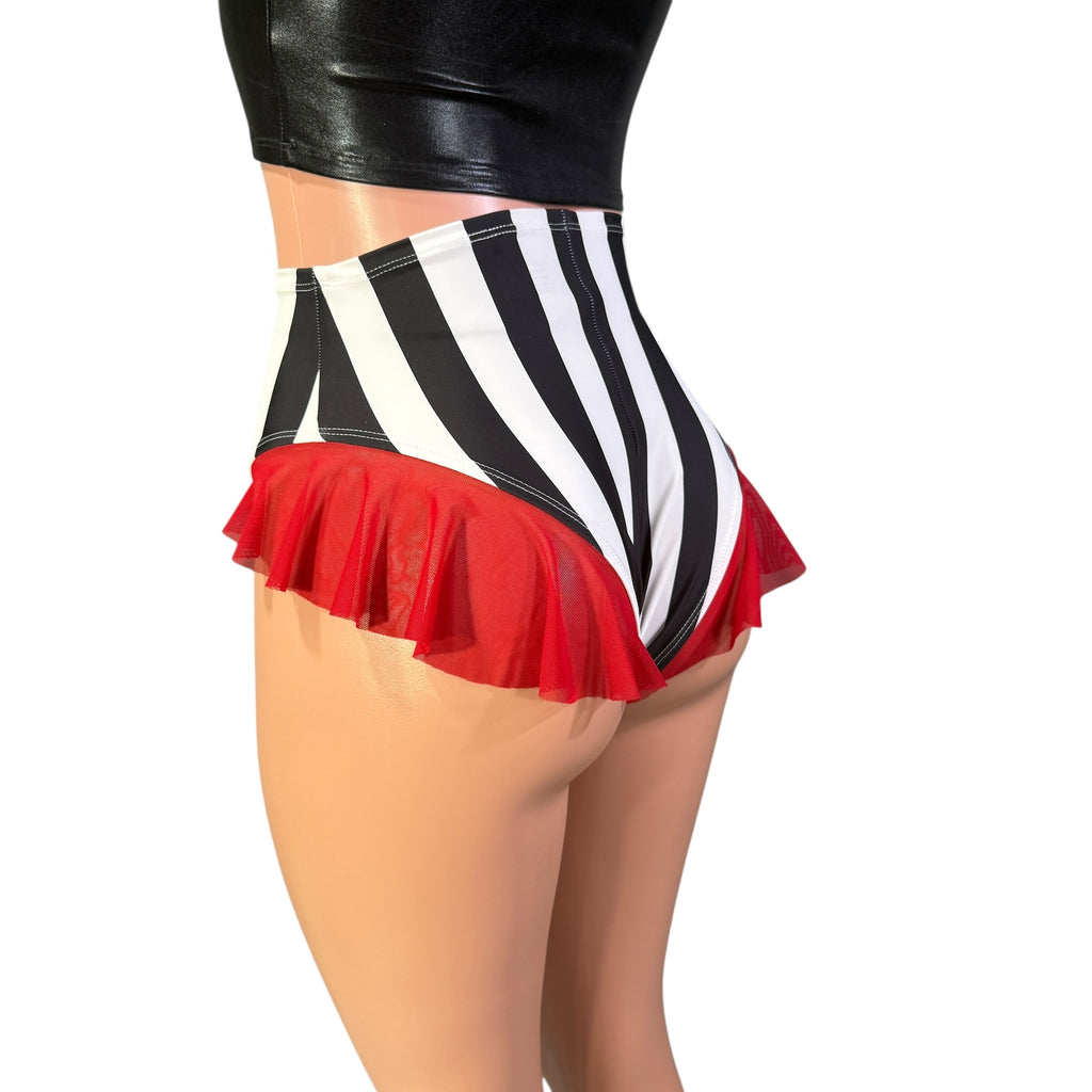 Ruffle Hot Pants High-Waisted Cheeky Bikini in Black & White Stripe