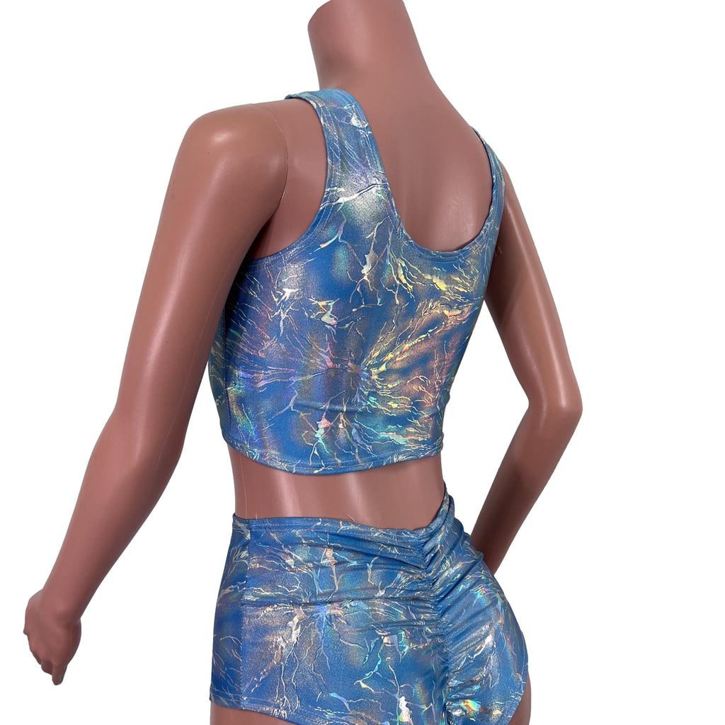 Ruched Crop Tank Top - Sky Blue Cracked Ice Holographic - Peridot Clothing