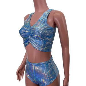 Ruched Crop Tank Top - Sky Blue Cracked Ice Holographic - Peridot Clothing