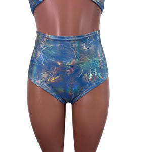High Waist Scrunch Bikini Hot Pants - Sky Blue Holo Cracked Ice - Peridot Clothing