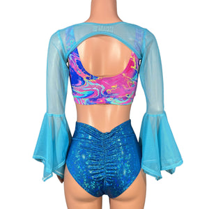 Pixie Bolero Top w/Ring - Blue Mesh Bell Sleeve Fairy Costume Shrug Top