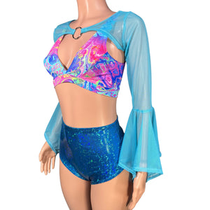 Pixie Bolero Top w/Ring - Blue Mesh Bell Sleeve Fairy Costume Shrug Top