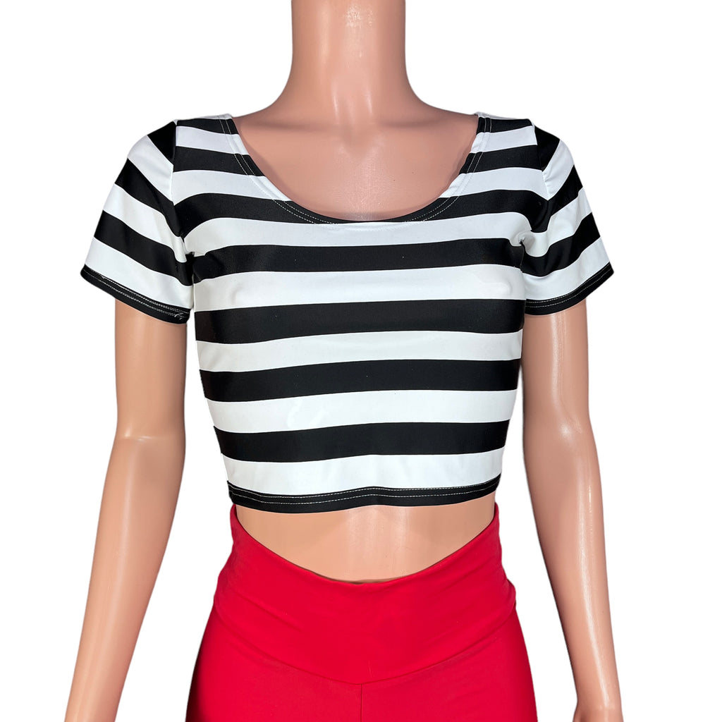 Black & White Striped Short Sleeve Crop Top - Spandex Cropped Shirt for Eras Tour - Peridot Clothing