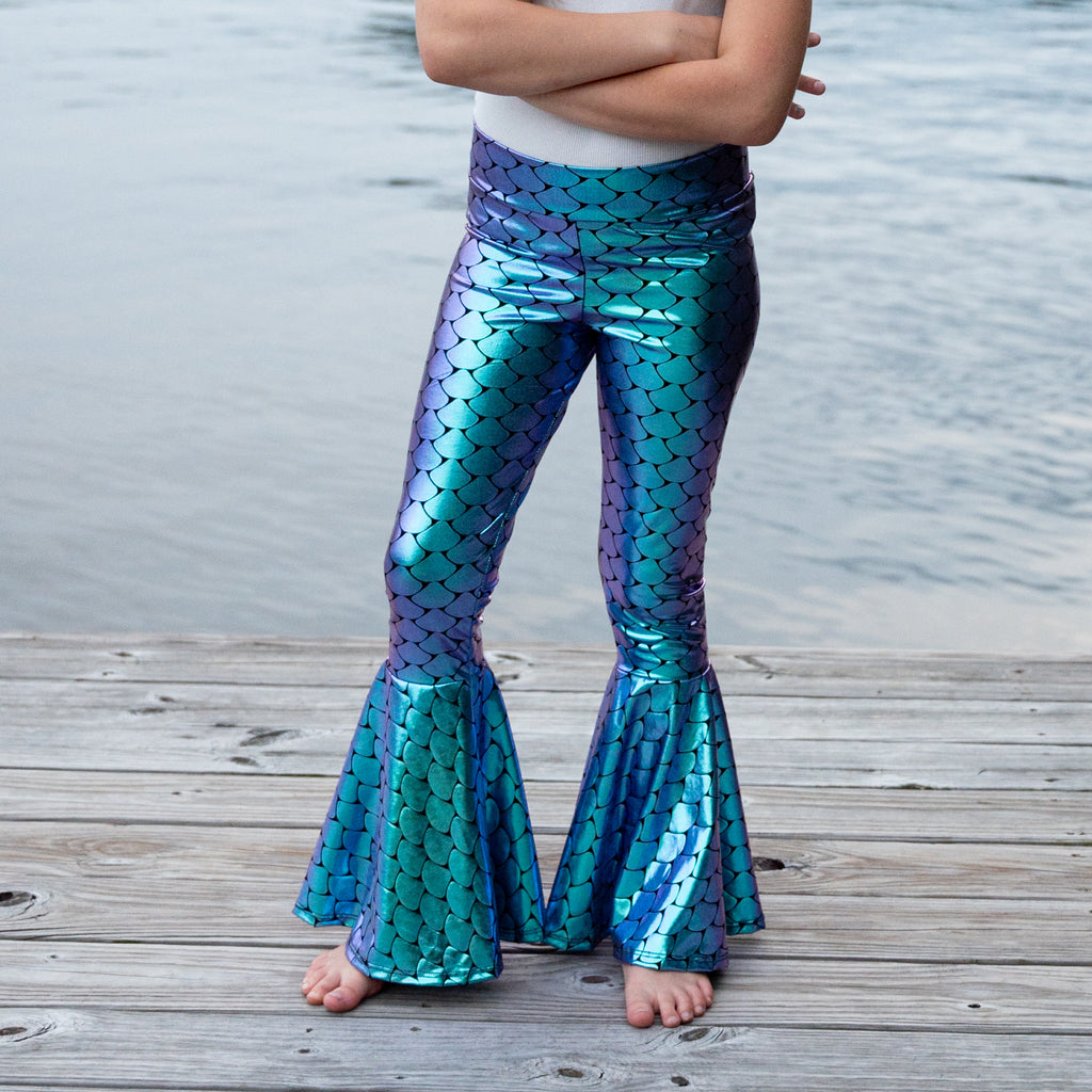 Children's Holographic Mermaid Scales Bell Bottoms - Peridot Clothing