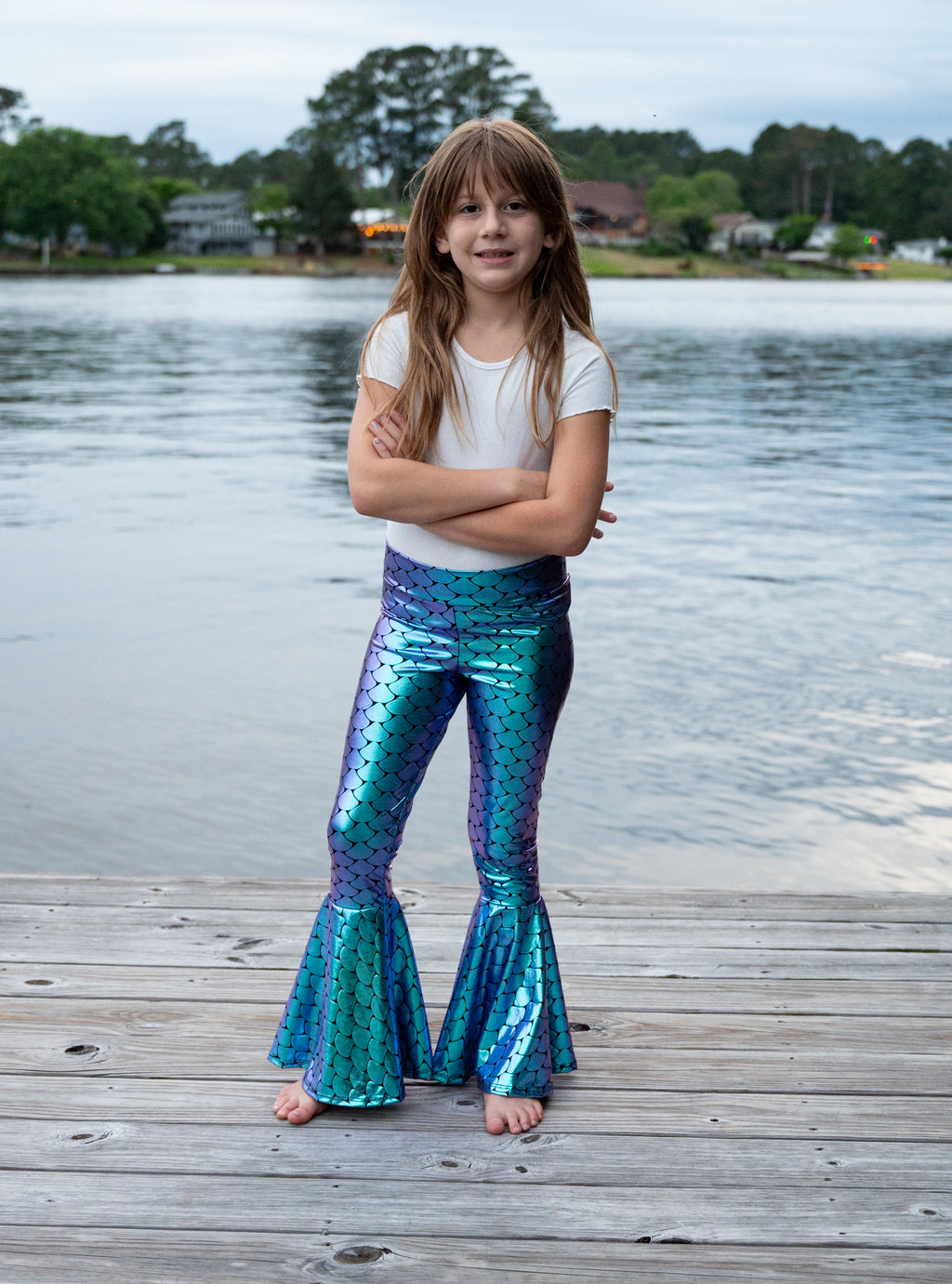 Children's Holographic Mermaid Scales Bell Bottoms - Peridot Clothing