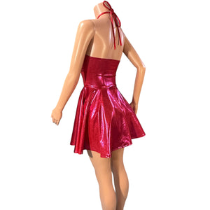 Halter Skater fit n flare X-String Dress in Dark Pink Metallic Mystique and Red Sparkle