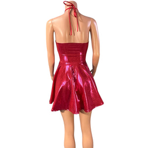 Halter Skater fit n flare X-String Dress in Dark Pink Metallic Mystique and Red Sparkle