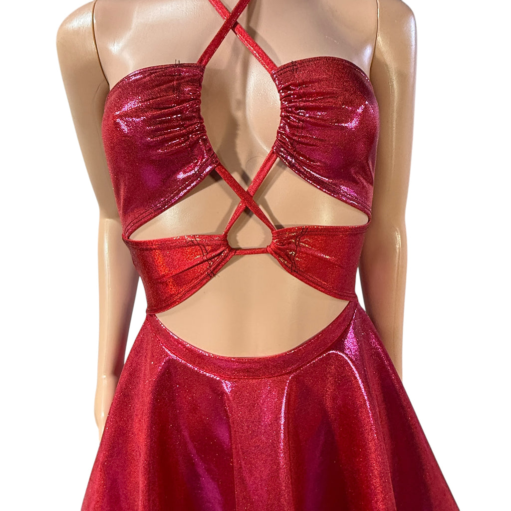 Halter Skater fit n flare X-String Dress in Dark Pink Metallic Mystique and Red Sparkle