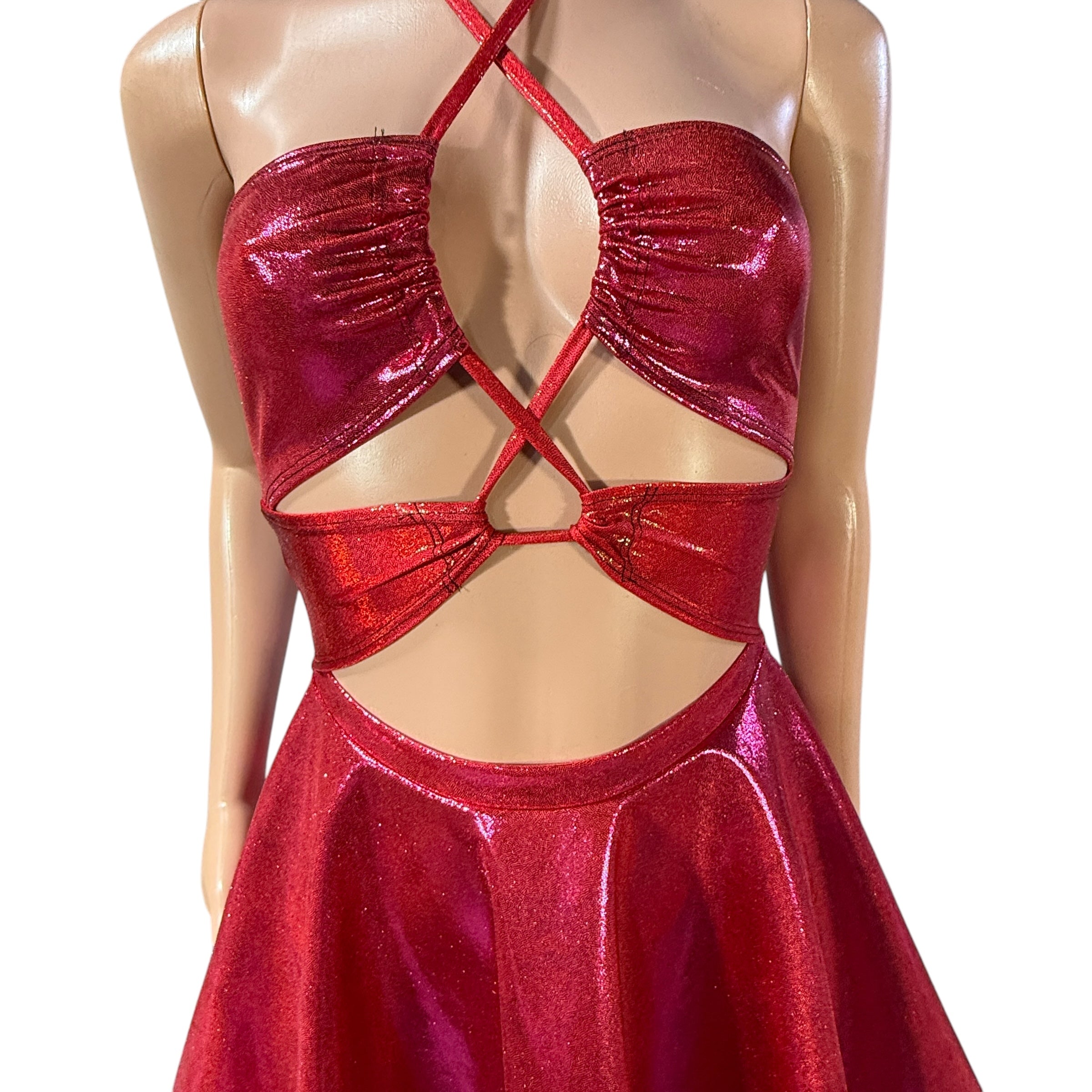 Halter Skater Fit N Flare X-String Dress in Dark Pink Metallic Mystique and Red Sparkle XLarge Halter Skater Fit N Flare X-String Dress in Dark Pink Metallic Mystique and Red Sparkle XLarge